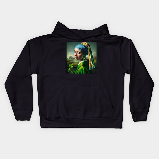 St. Paddy's Pearl: Girl with a Pearl Earring St. Patrick's Day Celebration Kids Hoodie by Edd Paint Something